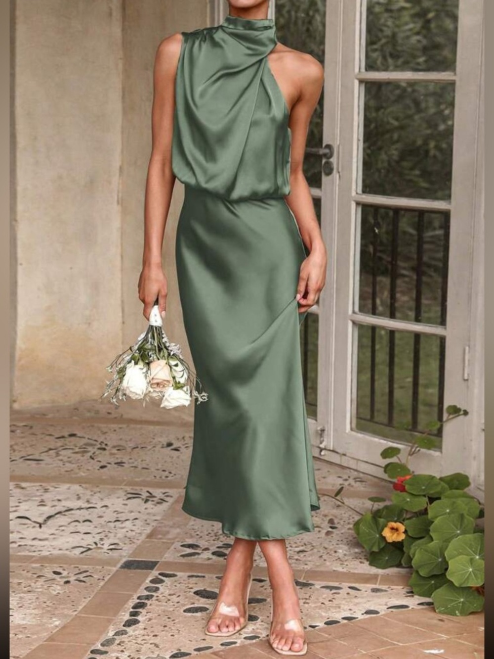 Satin High-Neck Olive Green Wedding Dress